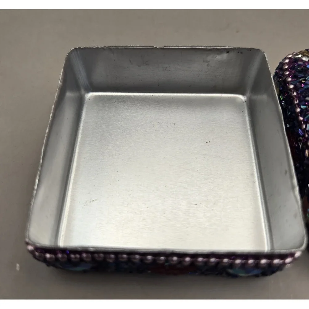 Mini Purple Tin Trinket Box Purple Beading Jeweled Vintage Pier One Imports B#36